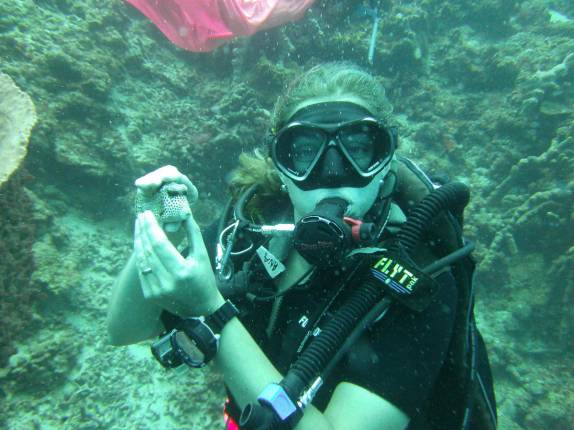 Segurando um peixe embaixo d'água, durante mergulho em Soufriere, sul de Santa Lúcia, no Caribe